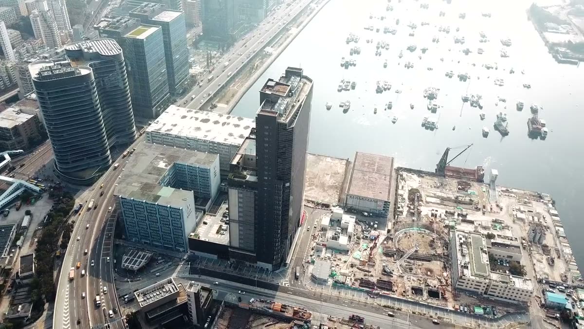An aerial view of the tower and surrounding harbour district.