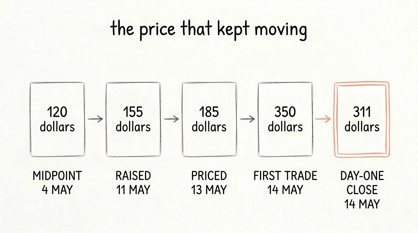 A hand-drawn chain of five boxes reading 120, 155, 185 and 350 dollars in graphite, then 311 dollars picked out in coral, labelled midpoint, raised, priced, first trade and day-one close.