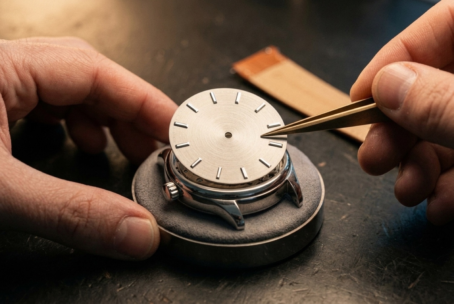 A dial being set onto a movement.