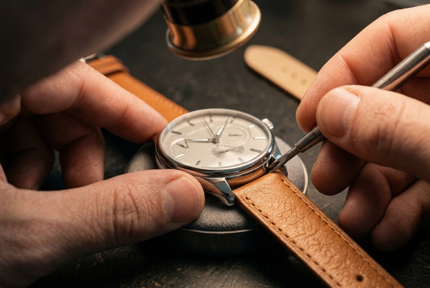 A strap being fitted between the lugs.