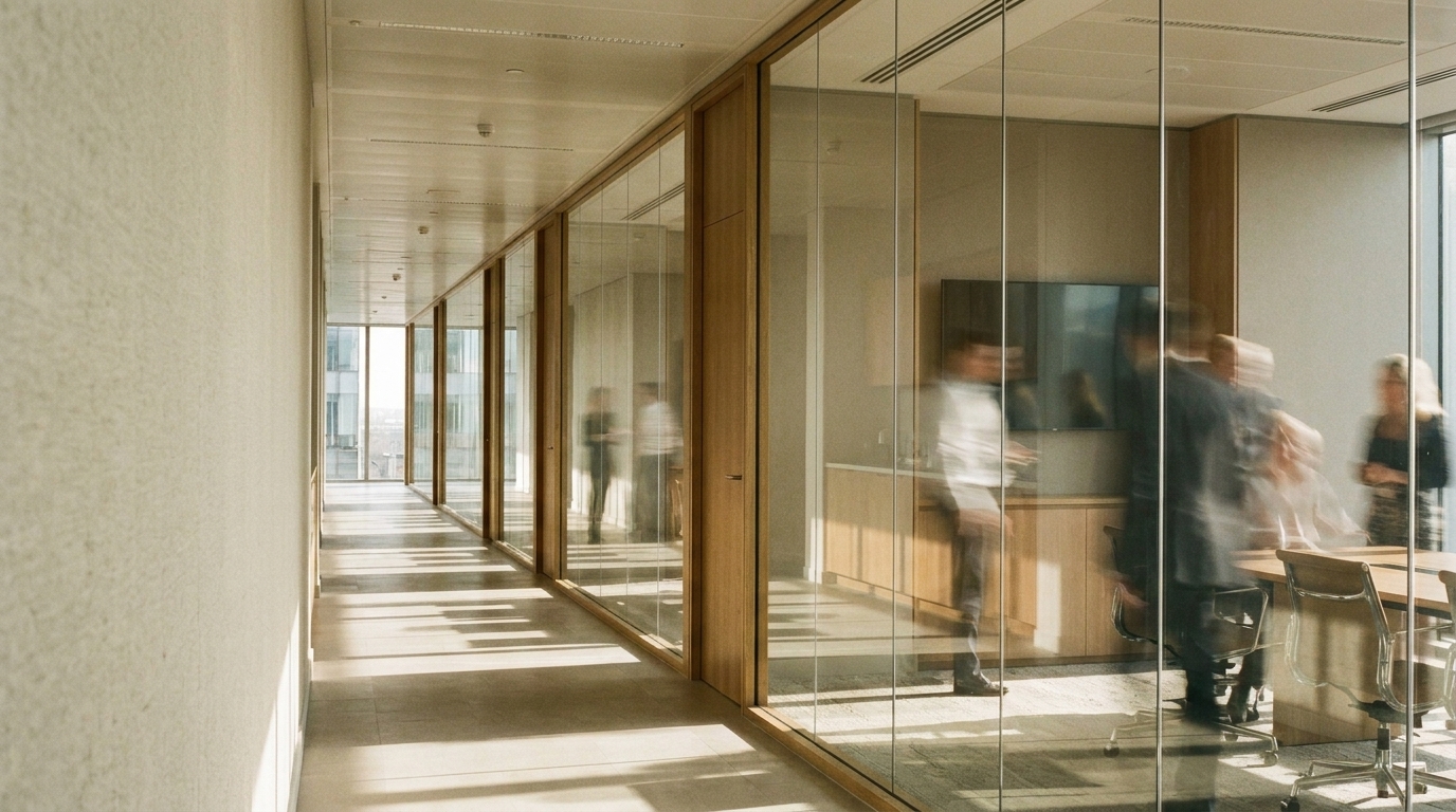 A corridor of fully glazed meeting rooms, every room occupied.