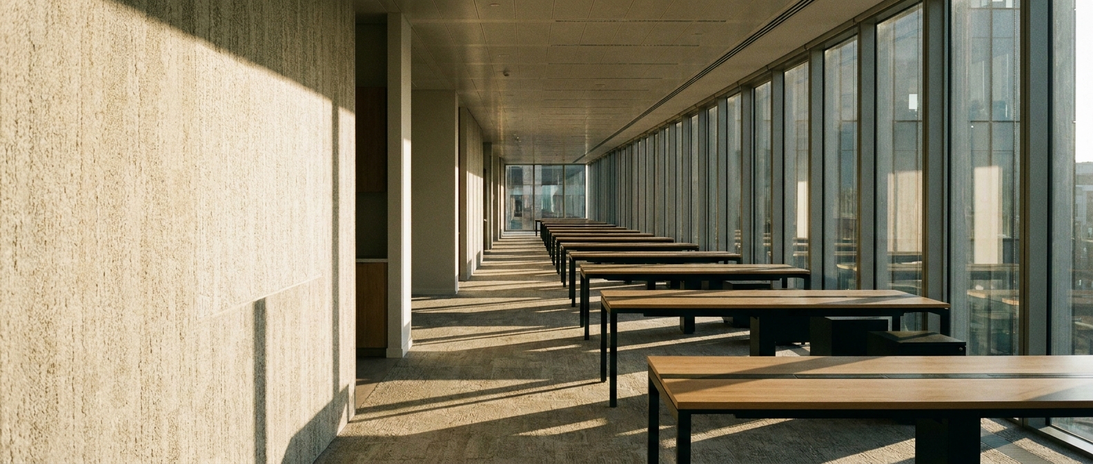 An empty office floor at first light.