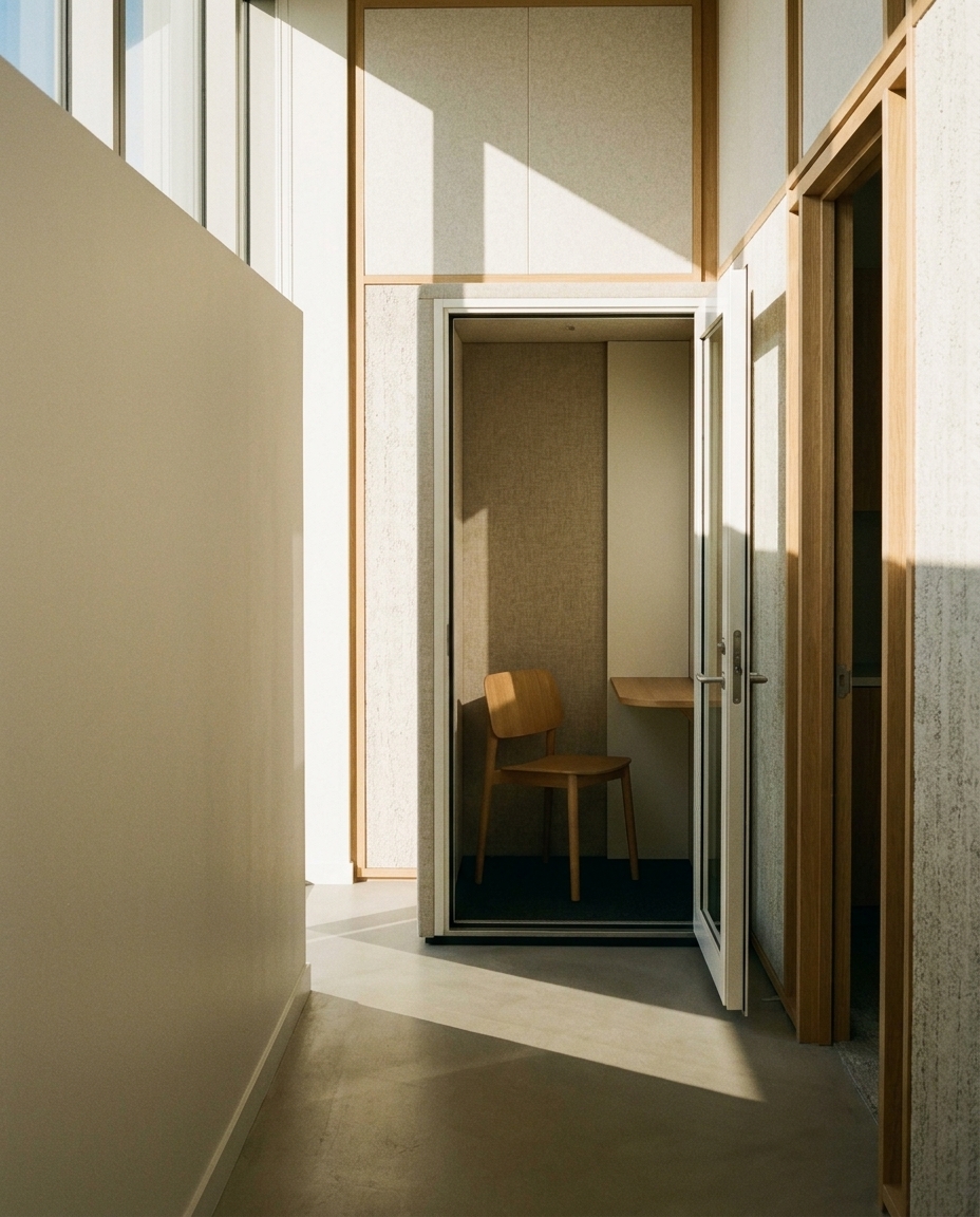 A single empty focus booth with a hard shadow across the floor.