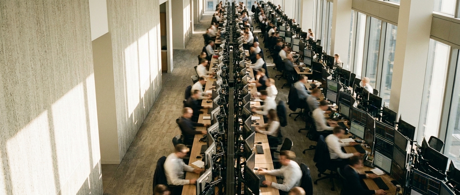 A dense trading floor from a high angle, every position taken.