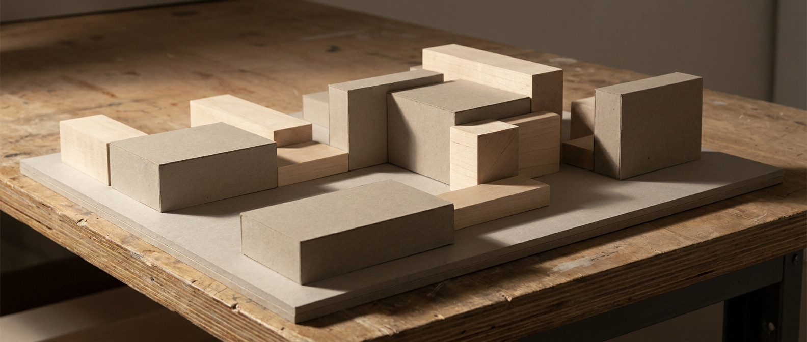 An architectural massing model: plain basswood and grey-card blocks of varying heights on a neutral board, lit from a low angle so each throws a long shadow.