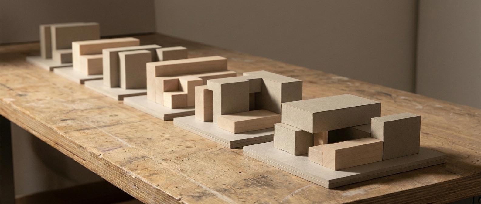 Several separate massing studies lined up along a workbench, each a different arrangement of blocks on its own base, receding into soft focus.