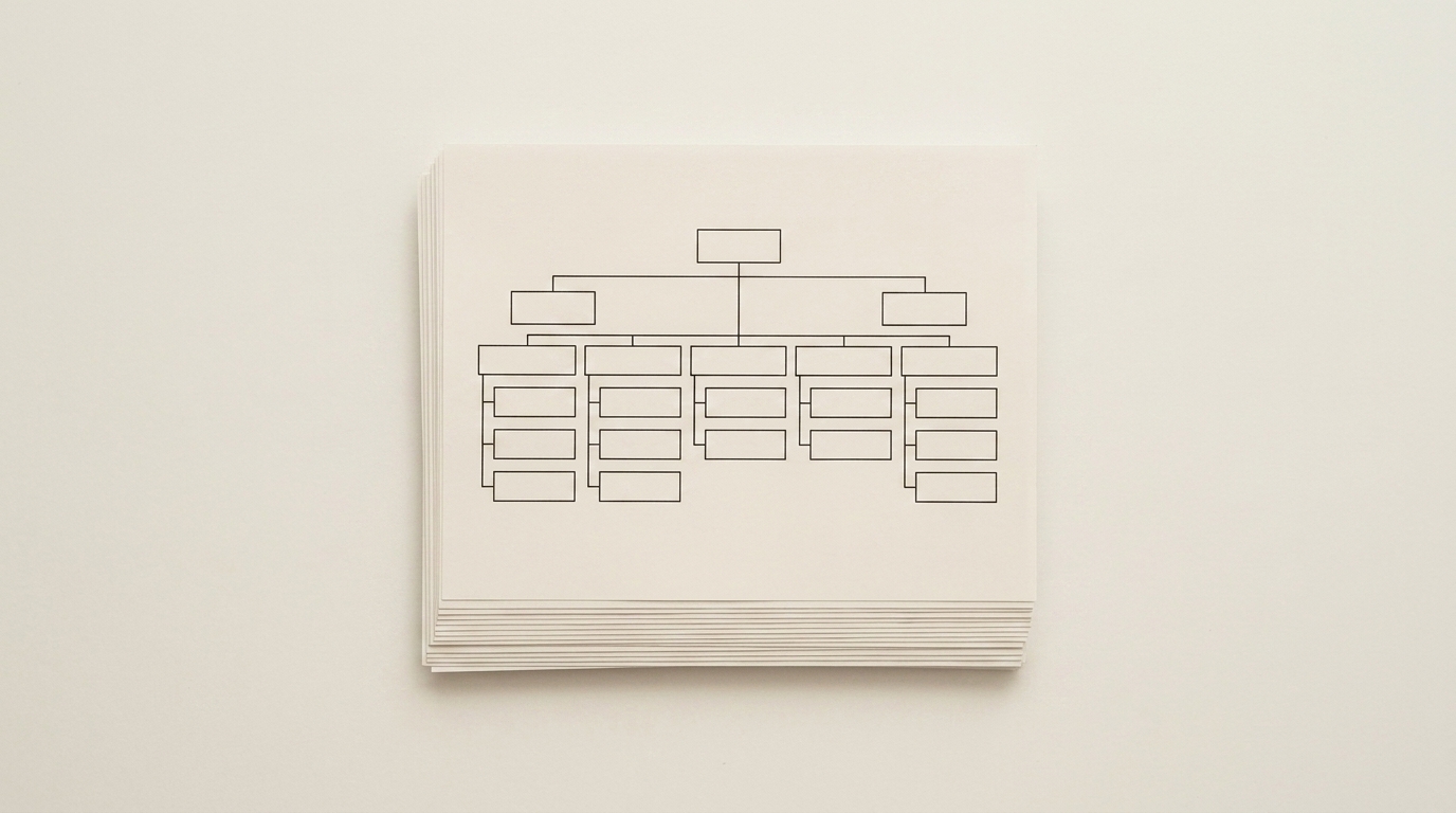 The same documents gathered into one squared-up stack seen from above, the sheets beneath showing as thin parallel edges.