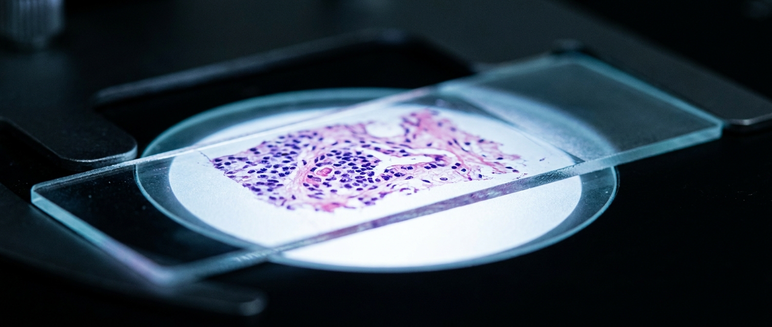 A haematoxylin and eosin stained tissue section on a glass slide on a microscope stage, lit from beneath so the indigo nuclei and rose cytoplasm glow against a near-black surround.