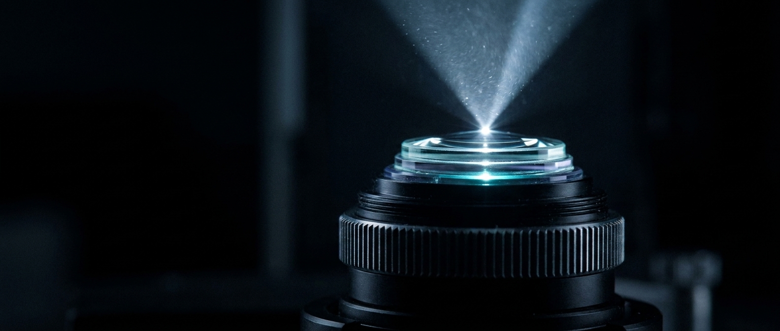 A microscope condenser lens assembly in a dark laboratory, a hard beam of cold light entering the stacked glass from below and converging to a single bright point above.