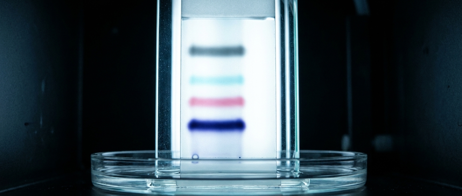 A thin-layer chromatography plate standing in solvent, backlit, one loaded sample resolved into four sharp horizontal bands of indigo, rose, cyan and grey.