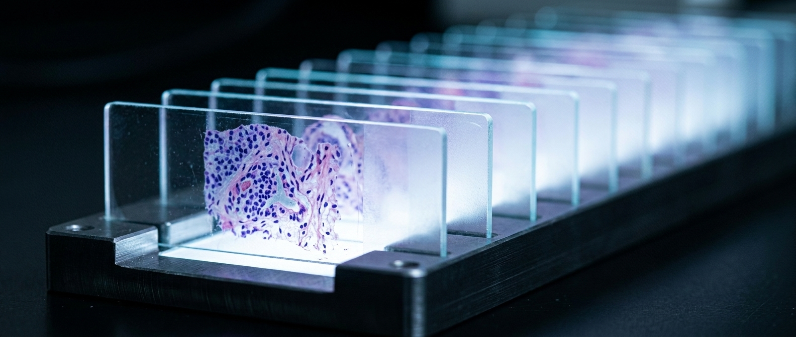 A row of glass microscope slides standing in a dark metal rack, each carrying a stained tissue section, lit from beneath so every section glows as the row recedes into blur.