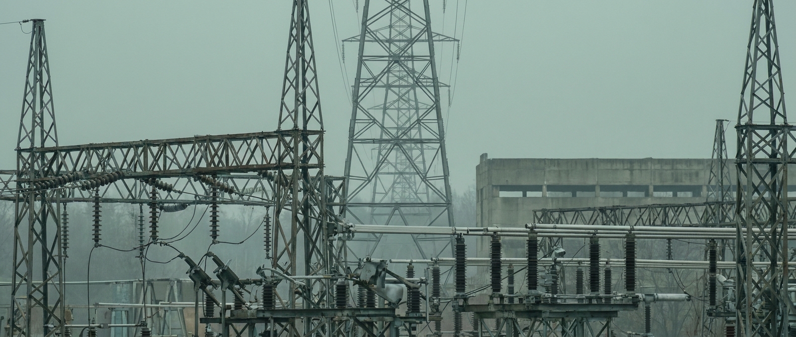 A high-voltage substation and a receding line of transmission pylons compressed by a long lens into a single plane, with a low grey industrial shell behind.