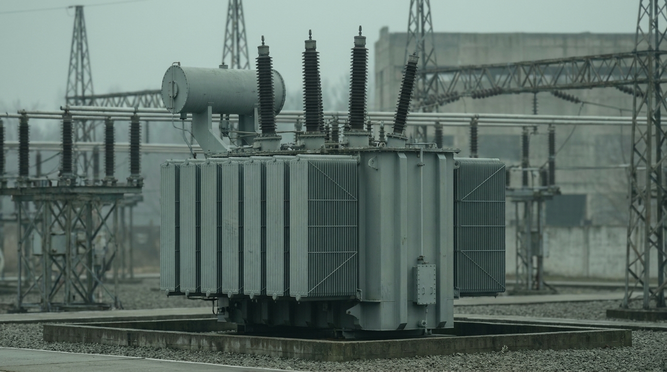 A single large high-voltage power transformer standing alone on a concrete pad, radiator fins down its flanks and porcelain bushings on top, the substation lattice flattened behind it.