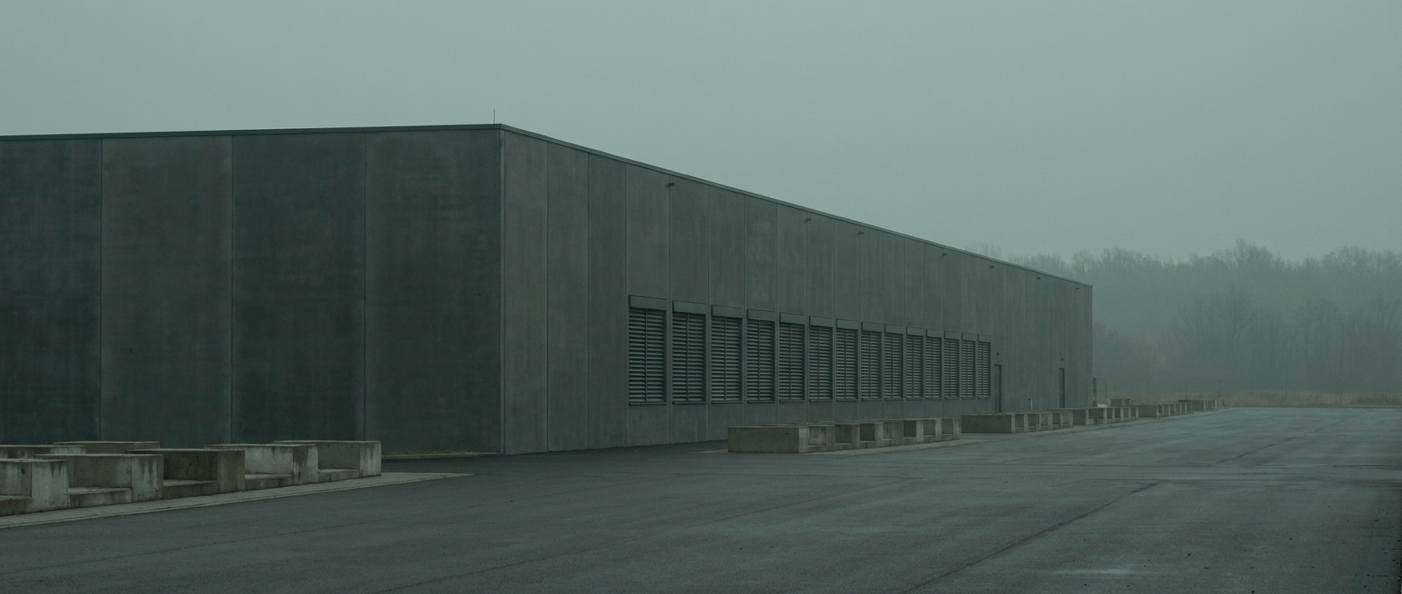 A long low windowless data-centre shell, freshly finished and completely dark, with empty external plant bases along an empty apron.