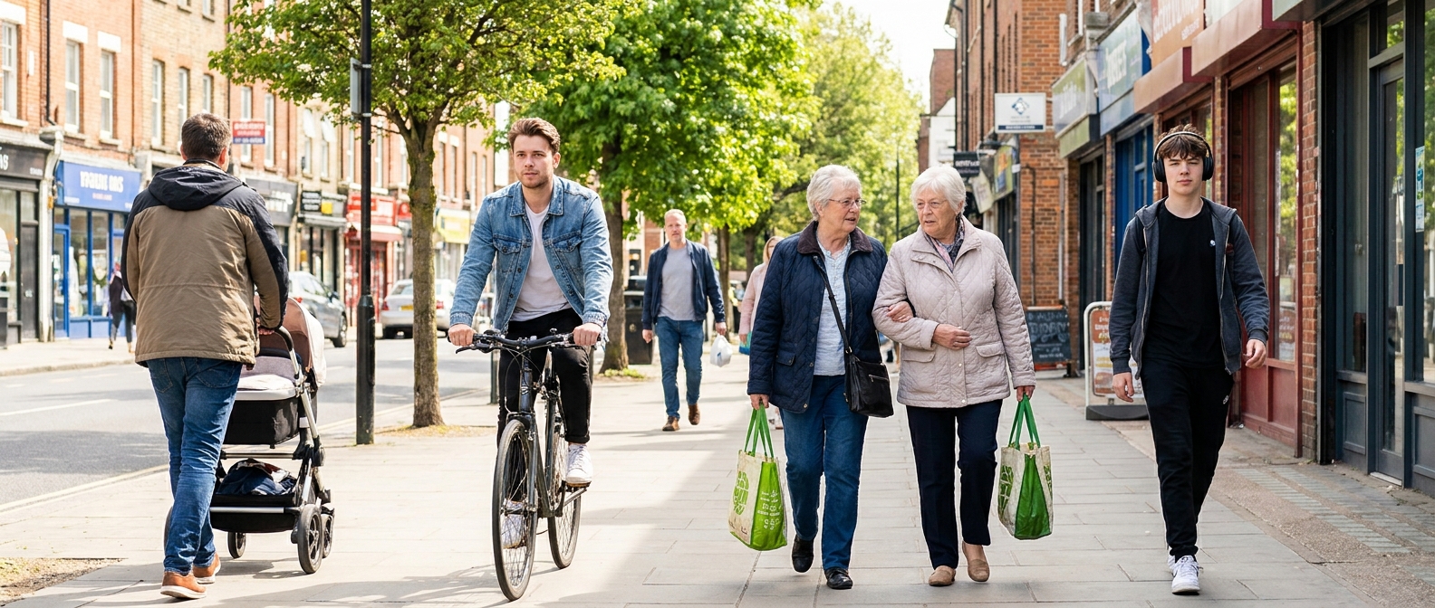 An ordinary city street in daylight with people of four different life stages passing through it: a parent with a pushchair, a young man cycling, two older women with shopping, a teenager walking