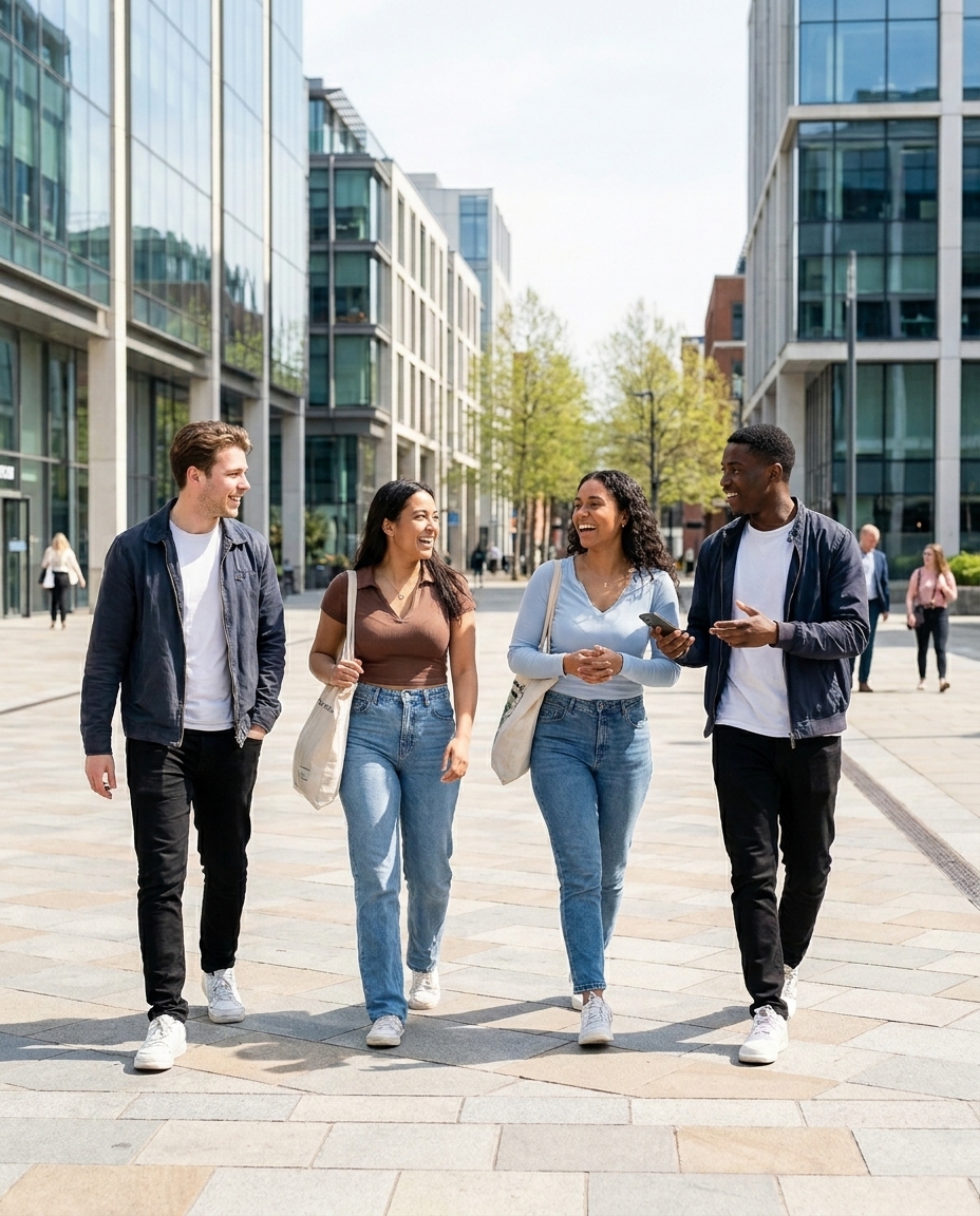 Three friends in their early twenties walking through a city plaza in daylight