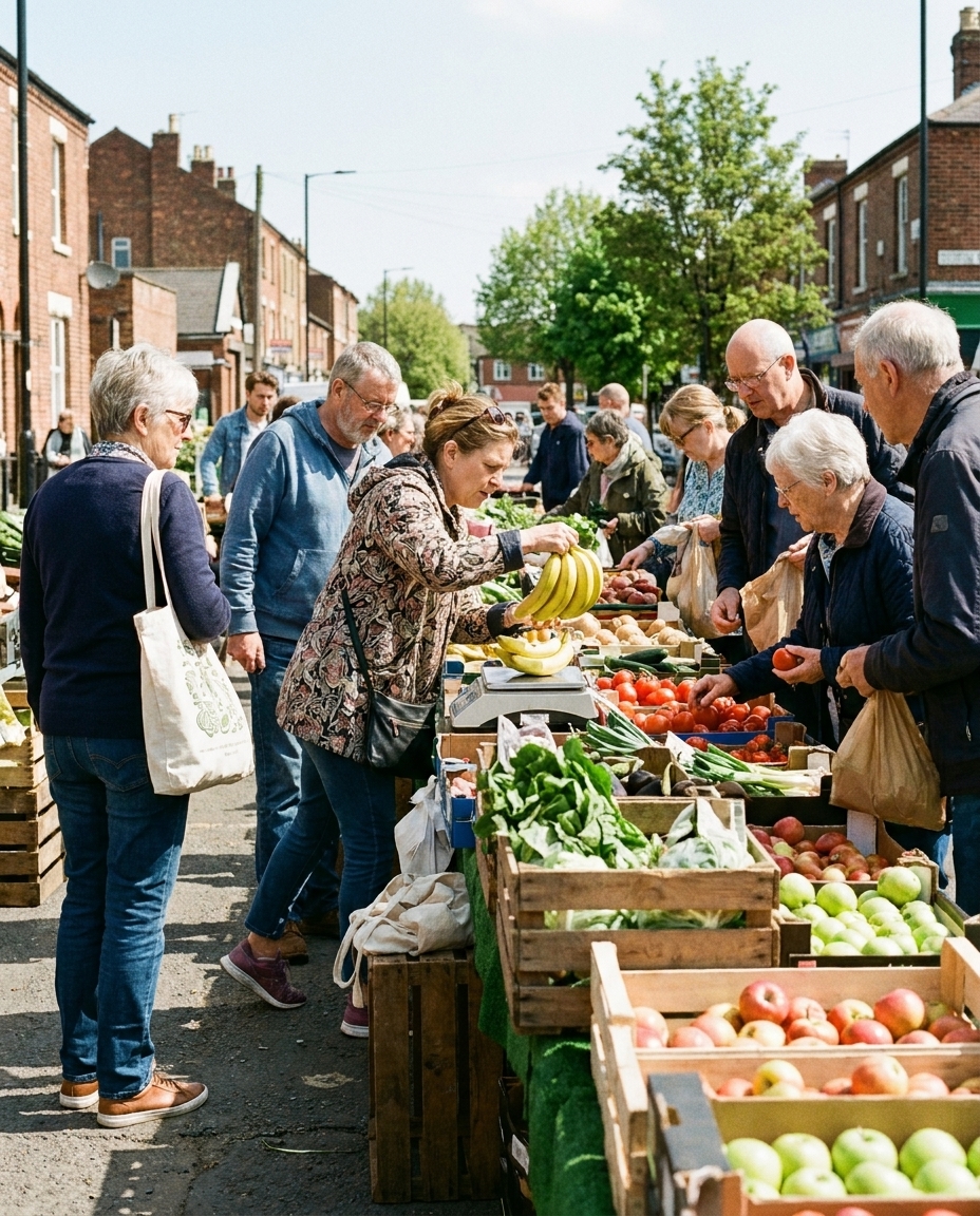 Shoppers of mixed ages choosing fruit and vegetables at an open-air neighbourhood market