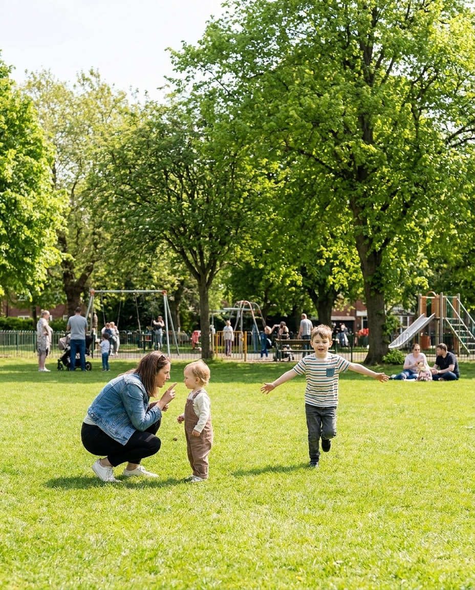 A parent crouching to talk to a small child in a green city park while an older child runs ahead
