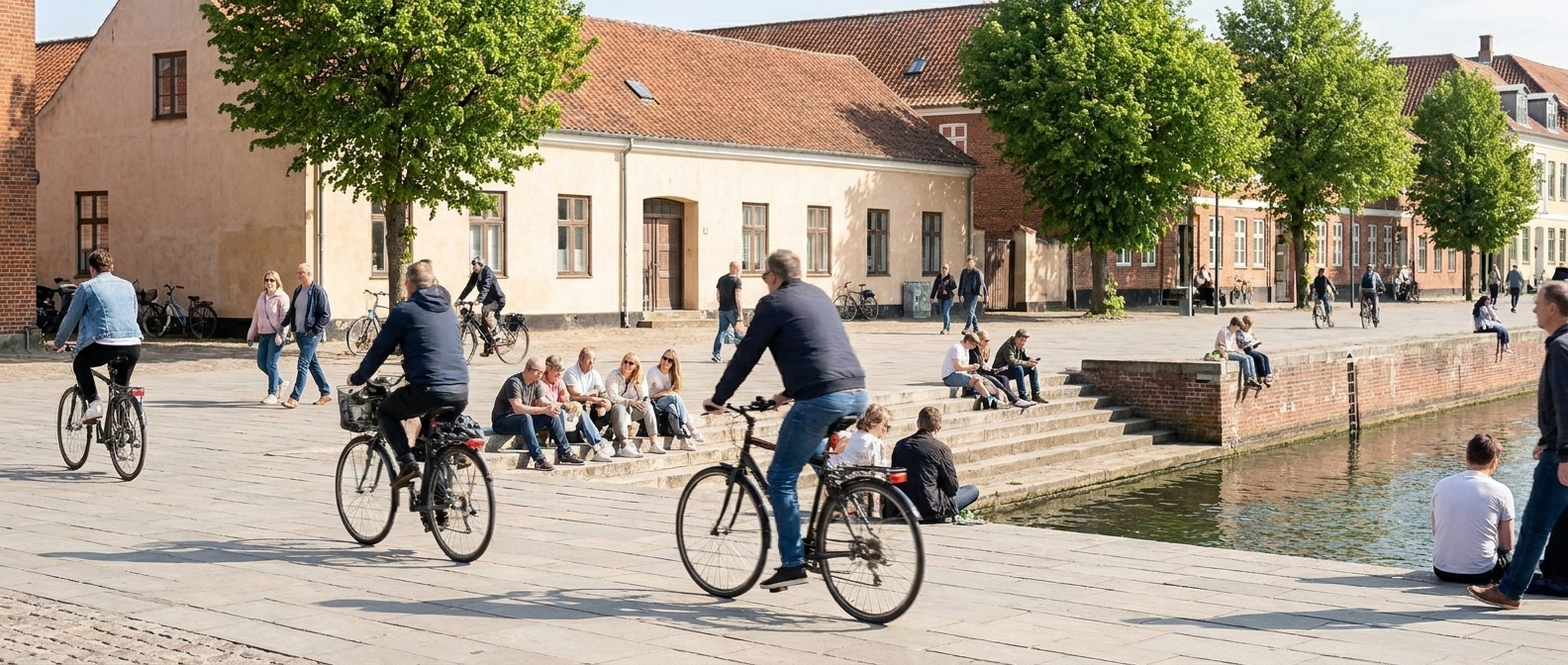 A bright Northern European city square on a clear day, wide open paving with cyclists crossing and people of several ages sitting on steps