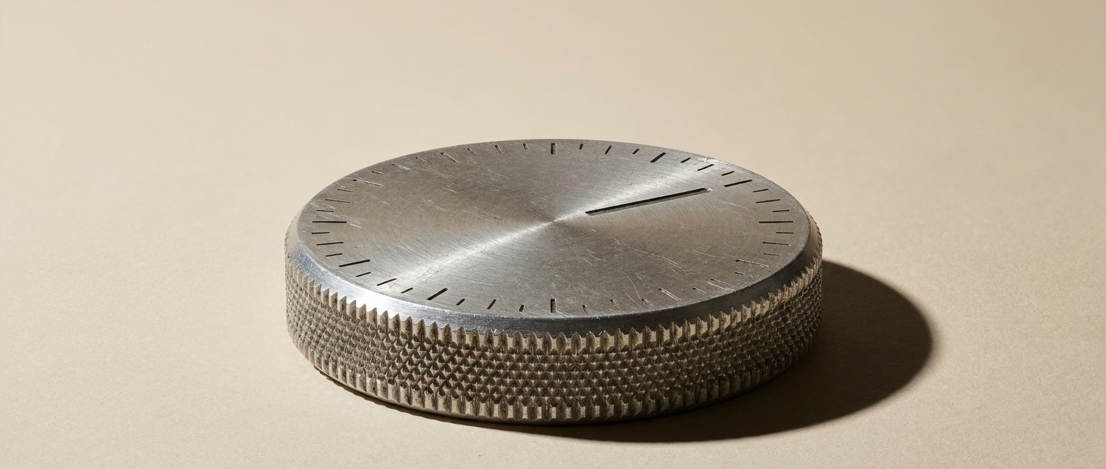A machined aluminium control dial with its pointer set part way round.
