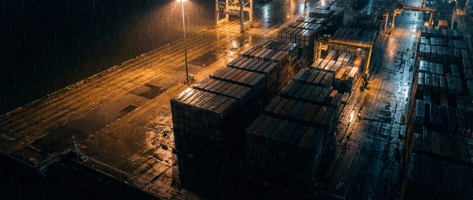 A container terminal under heavy rain at night.