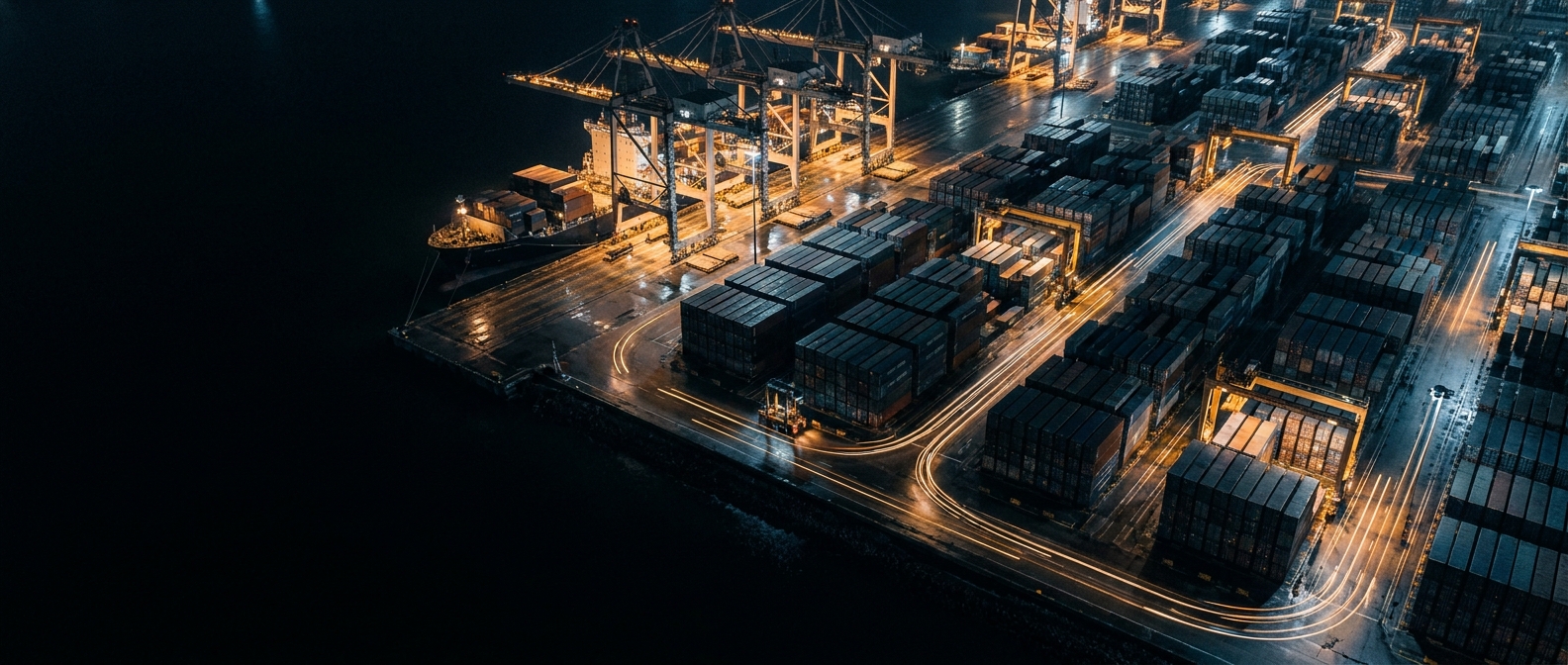 A container terminal at night, seen from the air.