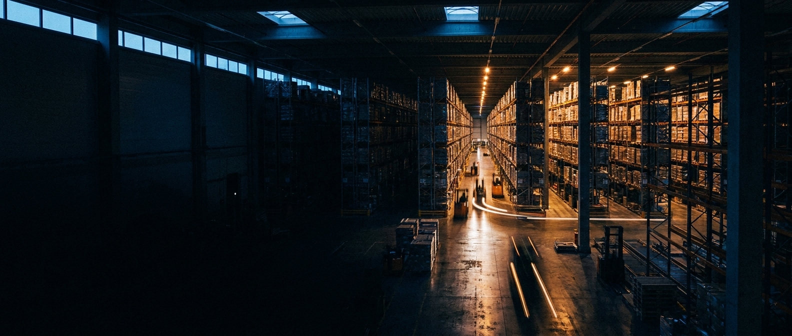 A vast distribution warehouse at night with one aisle lit.