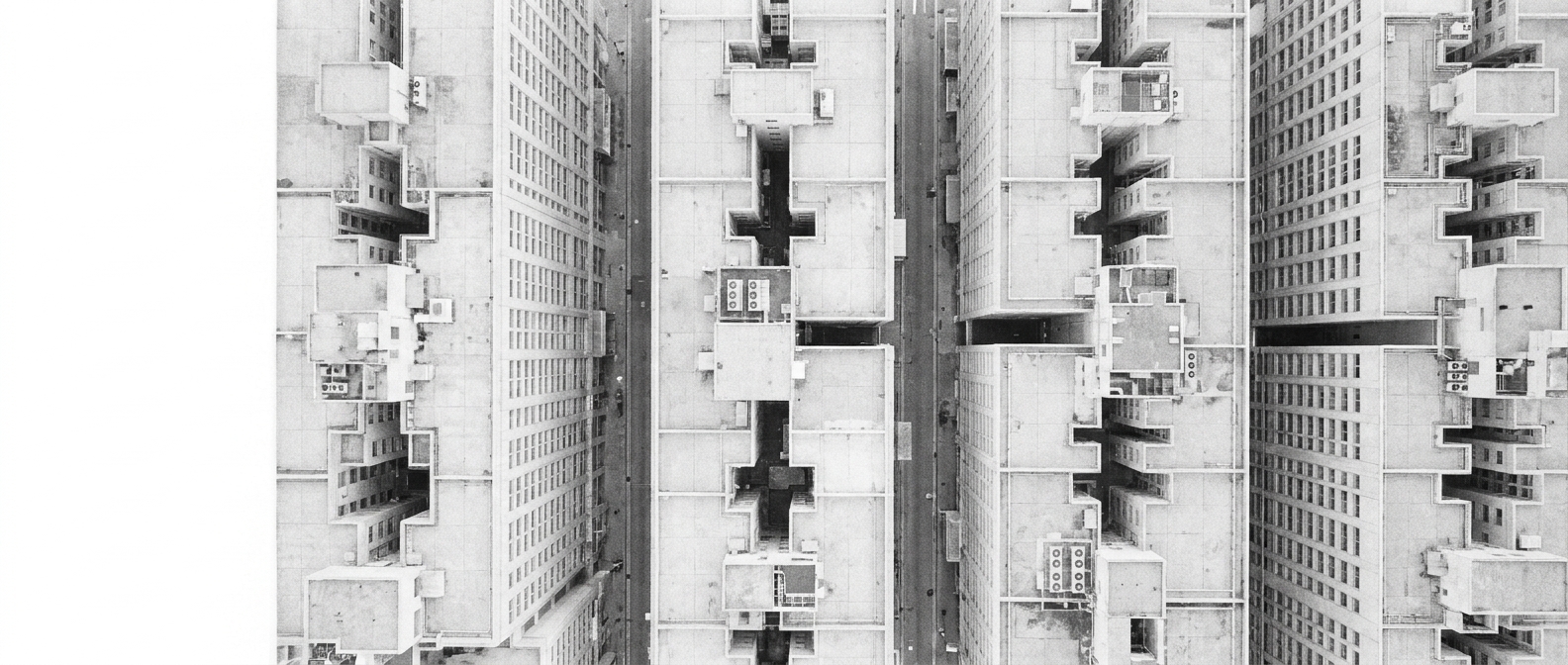 A business district seen from directly above at midday.