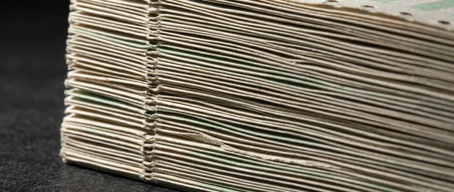 A fan-folded stack of continuous-form paper seen edge-on, the folds compressed into a dense stack of parallel lines.