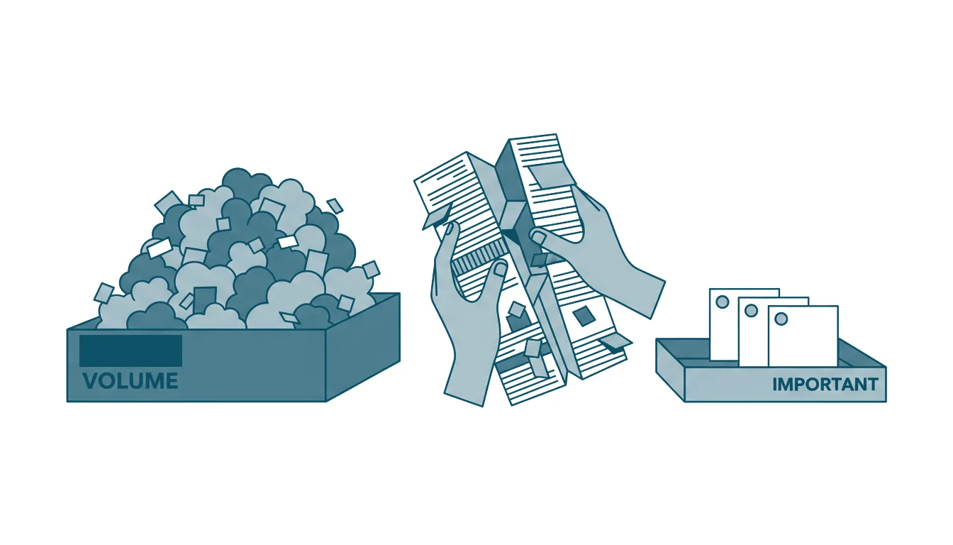 Line drawing: hands splitting one stack of paper into a volume tray and an important tray