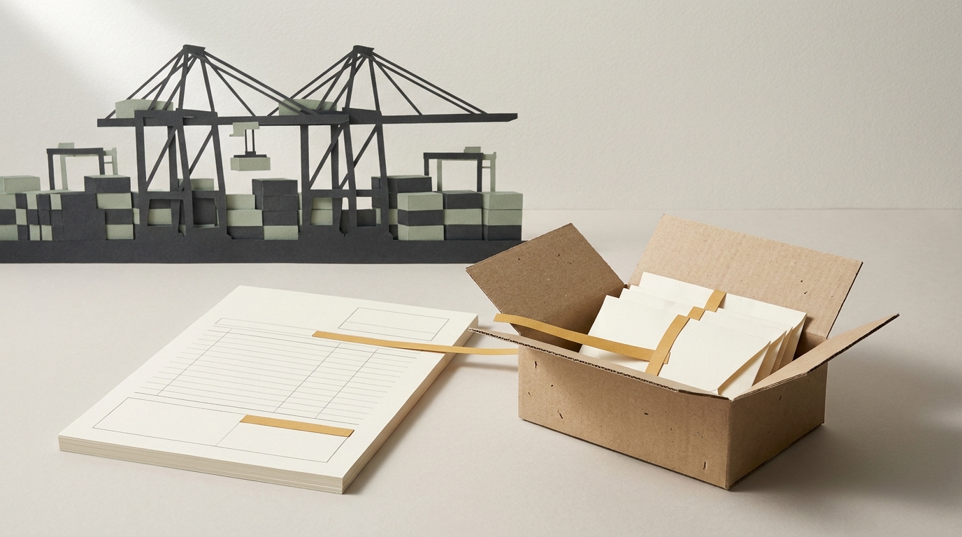 Paper shipping documents beside a carton and miniature terminal