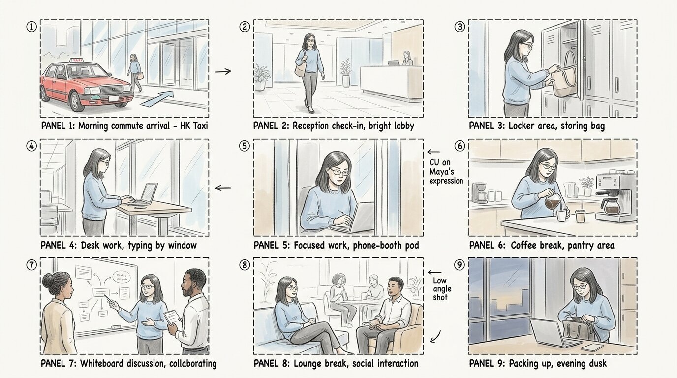 One-page storyboard concept of Maya's day
