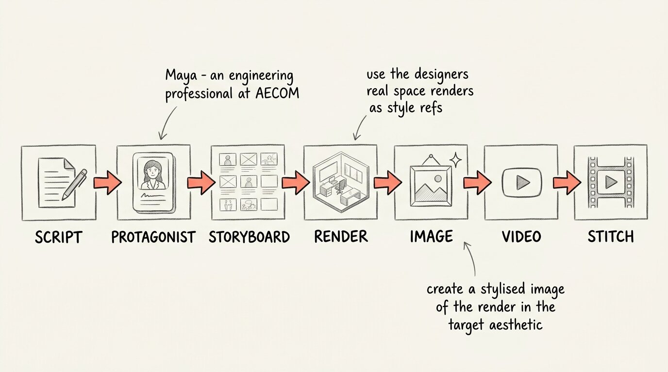 Hand-drawn workflow pipeline with annotations