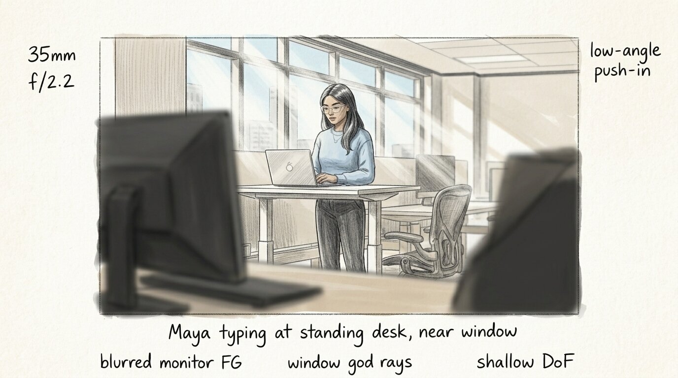 Storyboard: desk, with camera notes
